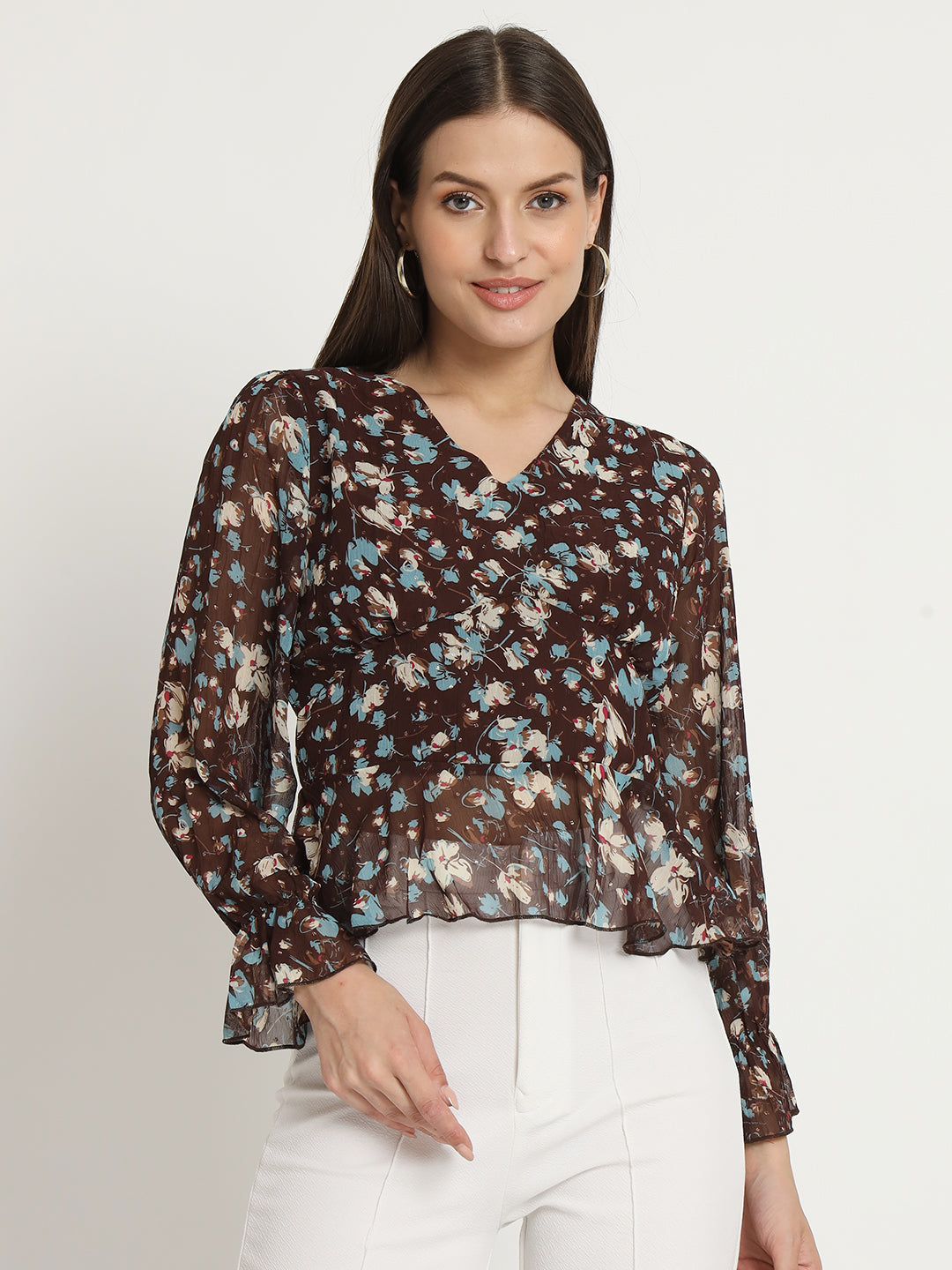 Mocha Bloom Ruffle Top