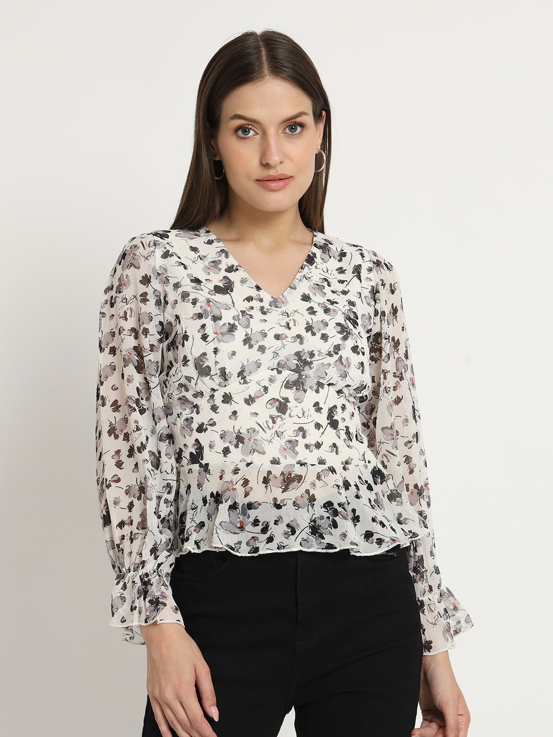 Monochrome Meadow Peplum Top