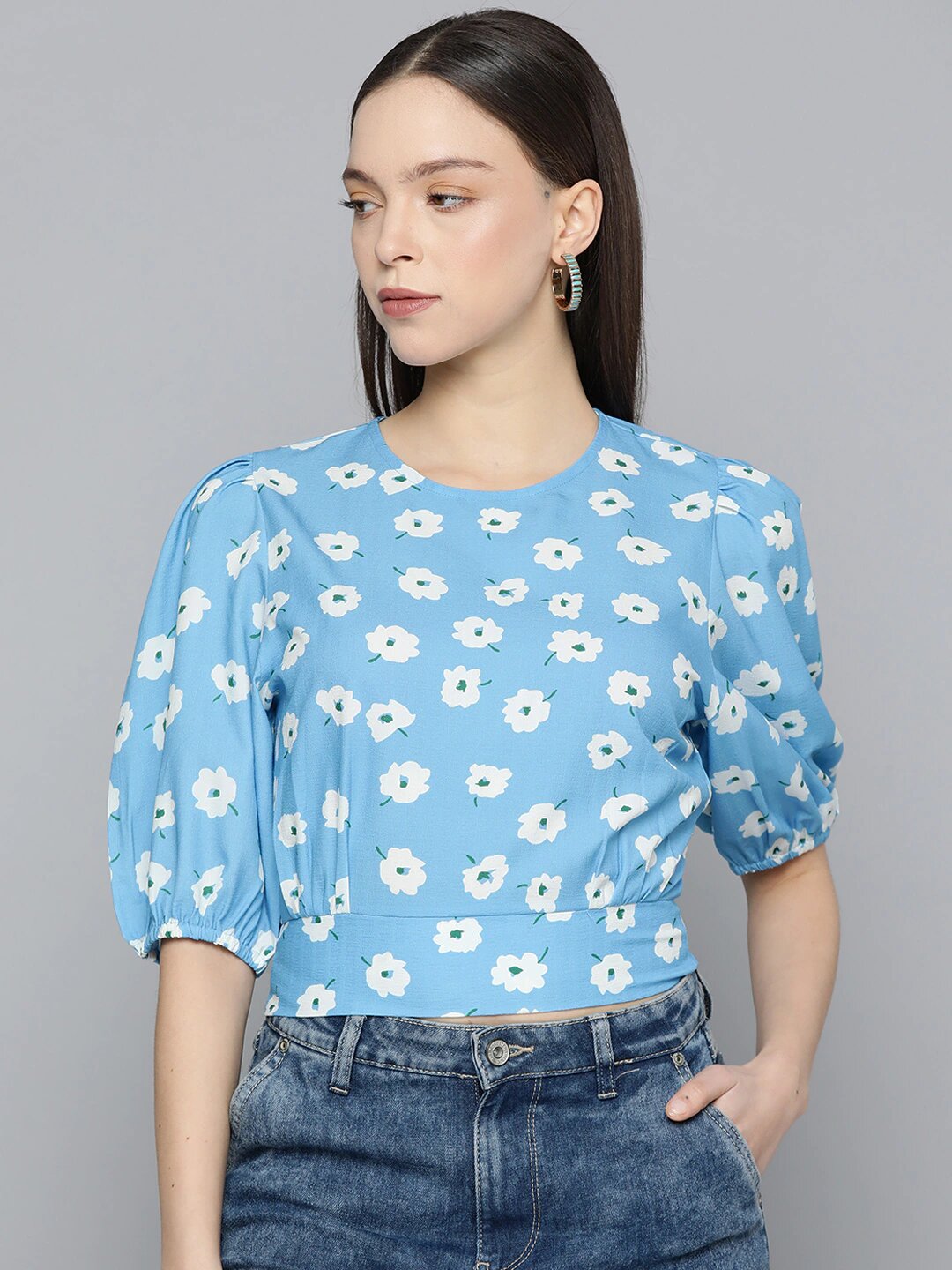 Sky Daisy Puff-Sleeve Crop Top